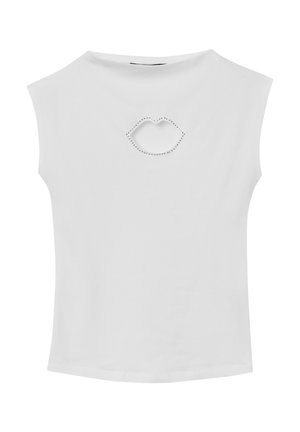 Top bianco a maniche corte realizzato in morbido cotone, con scollatura tonda e un design a forma di labbra con fori decorato con piccole borchie.