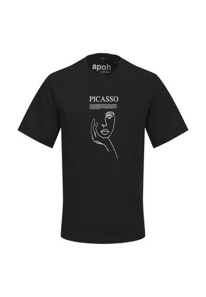 Black cotton t-shirt featuring a white line art graphic of a face and hand, with the word "PICASSO" above in bold lettering.