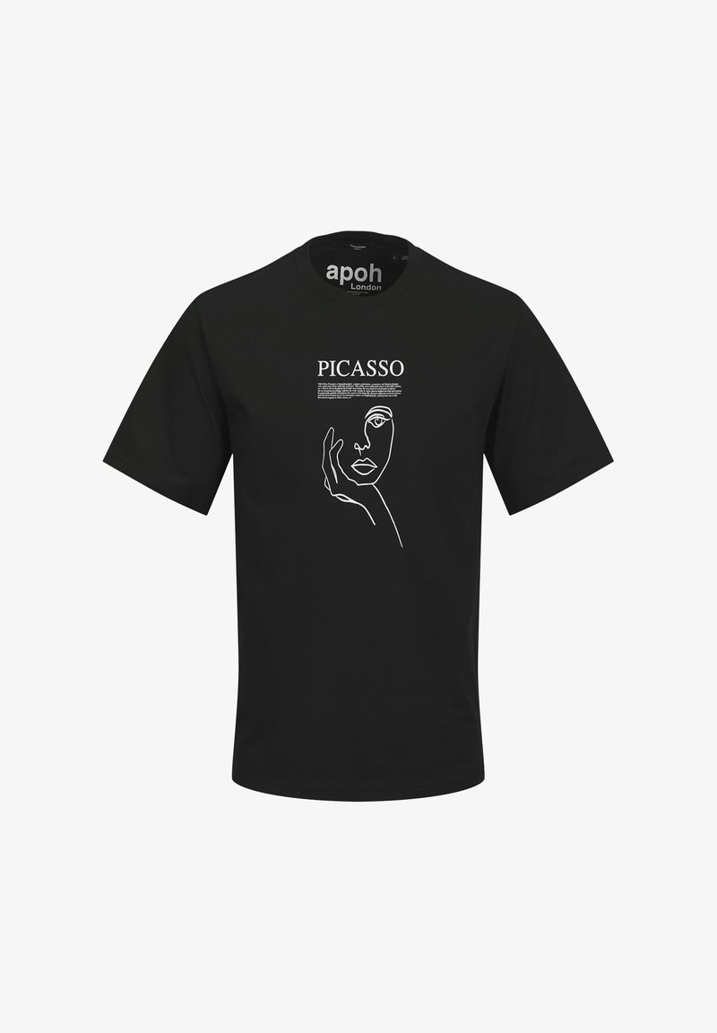 Schwarzes Baumwoll-T-Shirt mit einem weißen Linienstil-Illustration eines Gesichts und einer Hand, mit dem Wort "PICASSO" darüber in fetter Schrift.