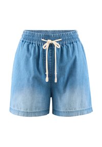 Szorty dżinsowe z elastycznym pasem, zapięciem na sznurek, jasnoniebieskim kolorze i lekko wyblakłą fakturą. Posiadają przeszywane wykończenia.