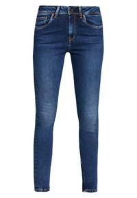 Jeans i denim i mörkblått, med slim fit, ljus blekning vid knäna, femfickorsdesign och kontrasterande söm vid midjan.