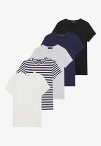 Five T-shirts in a row: one white, one gray with navy stripes, one navy, and one black. All feature a round neckline and short sleeves.