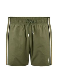 Shorts de bain vert olive en tissu lisse, avec une taille à cordon de serrage, des rayures latérales dorées et blanches, et le logo "BOSS" en blanc.