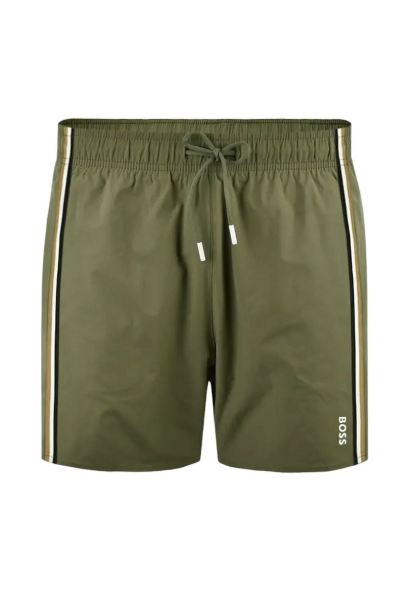 Shorts de bain vert olive en tissu lisse, avec une taille à cordon de serrage, des rayures latérales dorées et blanches, et le logo "BOSS" en blanc.