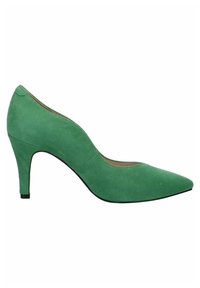 Chaussure à talon haut en suede vert avec un bout pointu et un design épuré, dotée d'un talon de 3 pouces et d'une texture lisse.