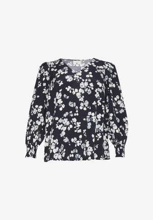 Laivastonsininen paita, jossa on valkoinen kukkakuosi, v-pääntie, pitkät puff-hihat elastisilla hihoilla ja rento malli. Valmistettu kevyestä kankaasta.