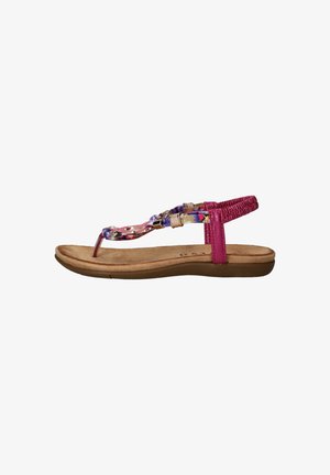 Roze synthetische teensandalen met meerkleurige bloemenaccenten, gevoerde binnenzool en verstelbare band voor een goede pasvorm. Plat rubberen zool voor comfort.