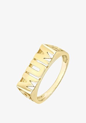 Kuldne sõrmus, millel on sõna "EMME" paksudes, välja lõigatud tähtedes, kõrgläikega ja siledapinnaline, kujundatud moodsa kuju järgi.