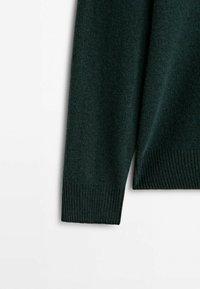 Manche de pull en tricot vert foncé avec poignet côtelé, présentée sur un fond blanc.