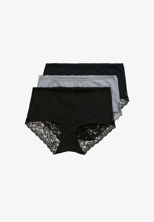 Drei Paare Damenunterwäsche: schwarz mit weißen Punkten und Spitzenbesatz, grau und dunkelblau. Weicher Stoff mit unterschiedlichen Spitzen-Details.
