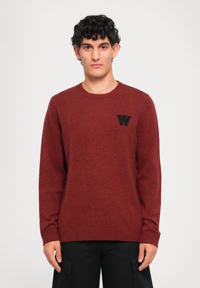 Giovane uomo con capelli ricci scuri che indossa un maglione rosso a maniche lunghe con una "W" nera sul petto e pantaloni neri, in piedi su uno sfondo bianco.