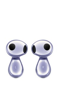 Drahtlose Ohrhörer in einem glänzenden lila Finish. Jeder hat einen runden Netzlautsprecher, der auf den Stielen mit 'L' und 'R' gekennzeichnet ist. Glattes, ergonomisches Design.