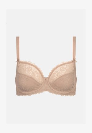 Spitzen-BH in Nude-Farbe mit Unterstützung durch Bügel, gewelltem Rand und verstellbaren Trägern. Blumenmuster auf den Cups, weicher Stoff.