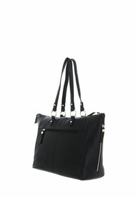 Bolso tote de cuero negro con dobles asas, herrajes dorados, bolsillo frontal con cremallera y acabado de textura suave.