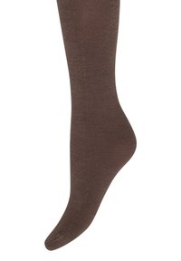 Brun sok lavet af et glat, strækbart materiale. Den har et sømløst tådesign og en tæt pasform, der smalner ind mod anklen.