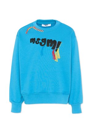 Felpa blu brillante con la scritta "msgm!" in nero, decorata con nappine rosse, gialle e blu e cuciture colorate vicino al colletto.