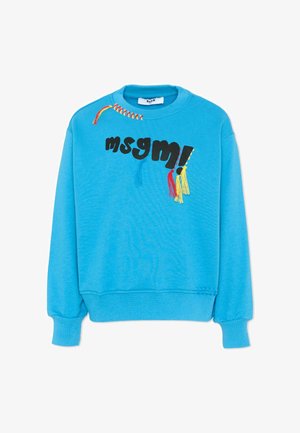 Sweatshirt bleu vif avec le texte "msgm!" en noir, décoré de pampilles rouges, jaunes et bleues ainsi que de coutures colorées près du col.