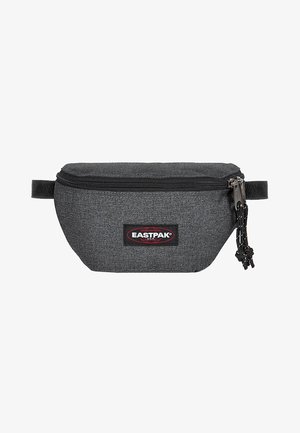 Sac banane en tissu gris de forme arrondie, avec fermeture éclair, patch logo noir et sangle ajustable. Matériau texturé et zips contrastants.