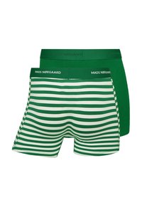 Grønne boxershorts med et ensfarvet grønt design og et grøn-hvidt stribet mønster. Har elastisk talje med "Mads Nørgaard" branding.