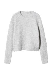 Suéter gris claro recortado hecho de tela suave y peluda. Cuenta con mangas largas y un cuello redondo. Sin patrones ni adornos visibles.