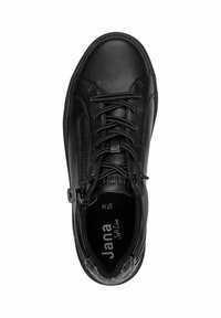Schwarze Leder-Sneaker mit abgerundetem Zehenbereich, Schnürdesign, seitlichem Reißverschluss und gepolstertem Schaft, ausgestattet mit einer weichen Stoffeinlage.