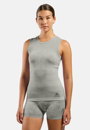 Gray athletic tank top and shorts set, made of smooth, stretchable fabric with a subtle pattern and flat seams, featuring logo accents.