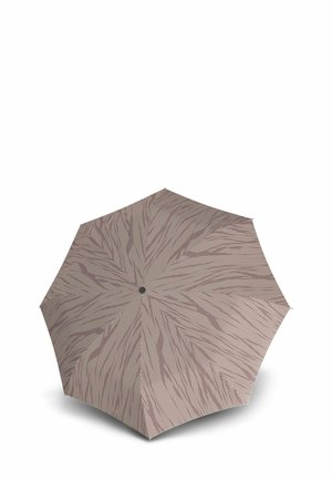 Compact umbrella with a patterned canopy in light brown, featuring abstract lines and dots. Black button at the center.