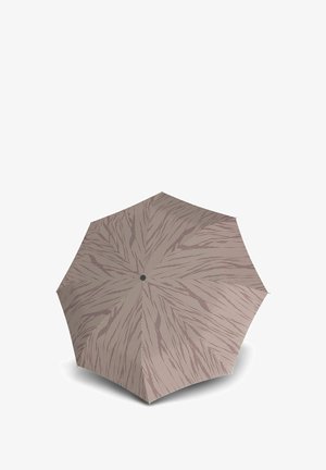 Compacte paraplu met een gepatternde canopy in lichtbruin, met abstracte lijnen en stippen. Zwarte knop in het midden.