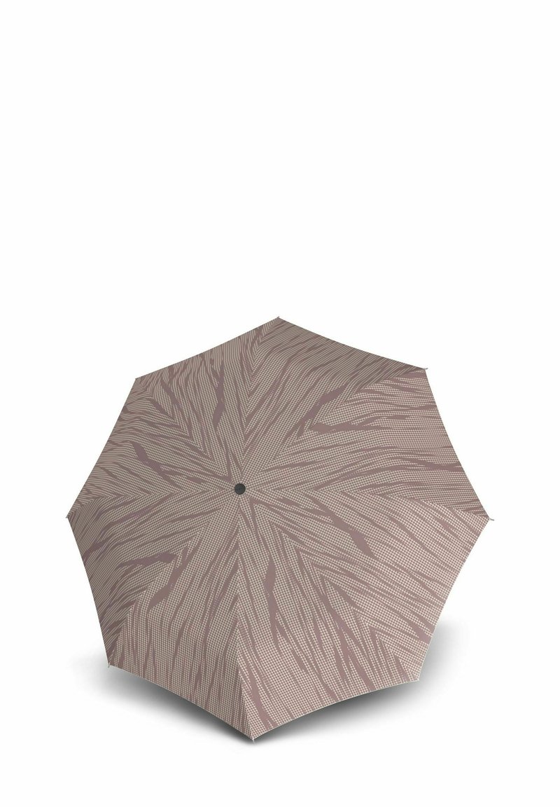 Compacte paraplu met een gepatternde canopy in lichtbruin, met abstracte lijnen en stippen. Zwarte knop in het midden.