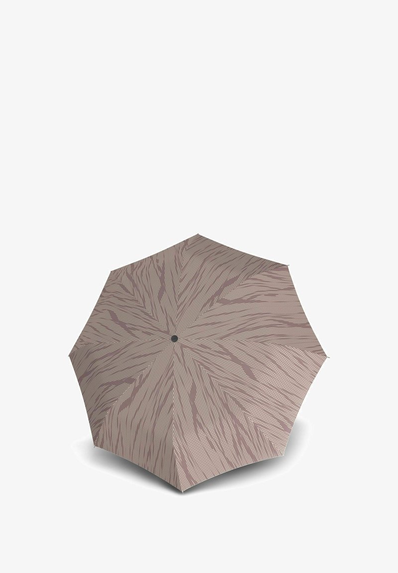 Compacte paraplu met een gepatternde canopy in lichtbruin, met abstracte lijnen en stippen. Zwarte knop in het midden.