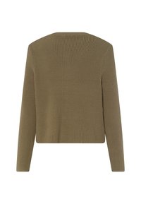 Olivgrüner, gerippter Strickcardigan mit langen Ärmeln und Rundhalsausschnitt. Gerader Schnitt, keine sichtbaren Verschlüsse oder Verzierungen.