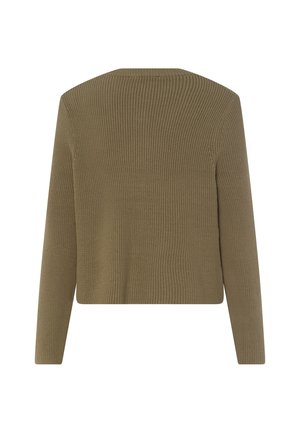 Olivgrüner, gerippter Strickcardigan mit langen Ärmeln und Rundhalsausschnitt. Gerader Schnitt, keine sichtbaren Verschlüsse oder Verzierungen.