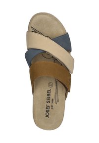Brown, blue, and beige strappy sandal with a cushioned footbed and smooth suede texture, featuring a brand logo on the insole.