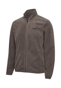 Graue Fleecejacke mit durchgehendem Reißverschluss, Stehkragen, seitlichen Reißverschlusstaschen und „hummel“-Logo auf der linken Brust.