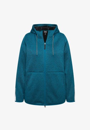 Veste à capuche teal en tissu doux avec un motif texturé, fermeture éclair à l'avant, grandes poches et accents blancs sur les manches.
