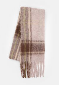 Écharpe en laine avec un motif à carreaux dans des tons de rose doux, marron et vert. Finition avec des bords frangés pour ajouter de la texture.