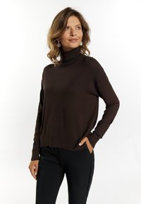 Brauner Rollkragenspullover aus einem weichen Strickstoff, mit lockerer Passform, langen Ärmeln und geripptem Saum. Trägt dazu schwarze Hosen.