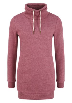 Rød pullover hoodie med høj hals, snøre lukning, lange ærmer og en kængurulomme. Fremstillet af blødt, tekstureret stof.