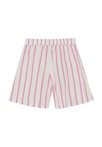 Bomullsshorts med vit bakgrund och vertikala rosa ränder, med resårmidja och avslappnad passform. Inga fickor synliga.