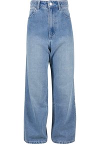 Ljusblå denim byxor med vida ben och hög midja, med framfickor och en enda metallknappslå.