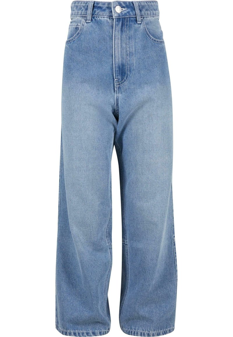 Ljusblå denim byxor med vida ben och hög midja, med framfickor och en enda metallknappslå.