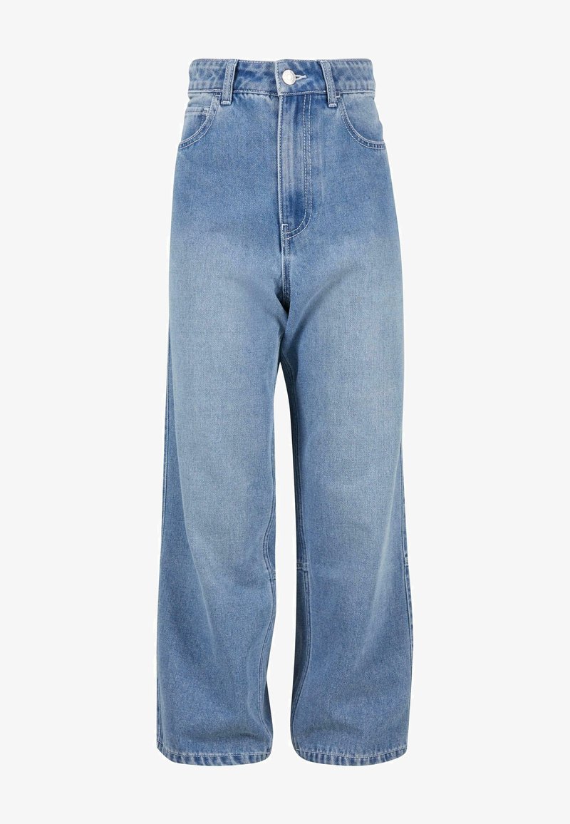 Svijetlo plave traper široke hlače s visokim strukom, koje sadrže prednje džepove i jedan metalni gumb za zatvaranje.