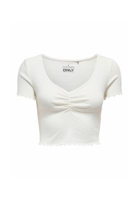 Witte cropped top met korte mouwen en een V-hals, met een gerimpelde voorzijde en scallop randen. Glad geribde textuur, gelabeld met "ONLY."