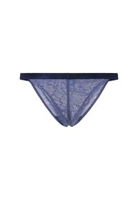 Tumedat pitsiga tanga tumedat sinises, lillemustriga, pehme vöökoha ja peente äärtega, mis on loodud mugavaks istumiseks.