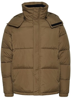 Braune gepolsterte Pufferjacke mit hohem Kragen, Druckknopfverschluss und elastischen Bündchen. Glattes Außenmaterial mit gestepptem Design.