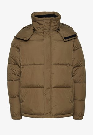 Braune gepolsterte Pufferjacke mit hohem Kragen, Druckknopfverschluss und elastischen Bündchen. Glattes Außenmaterial mit gestepptem Design.