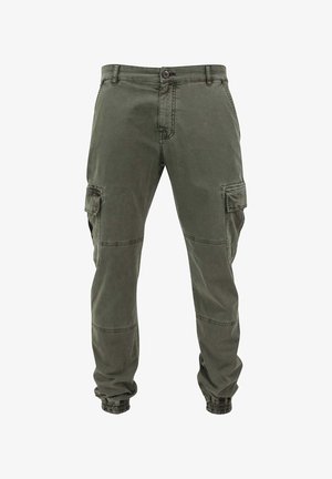 Cargo bukser i olivengrøn bomuld med elastiske manchetter, flere sidelommer og en lige ben-design. Holdbart stof med mat finish.