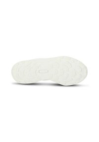 Weiße Sneaker-Sohle aus strukturiertem Gummi mit einem gemusterten Profil für besseren Halt. Glatte Oberfläche und ein ovaler Ausschnitt in der Mitte.