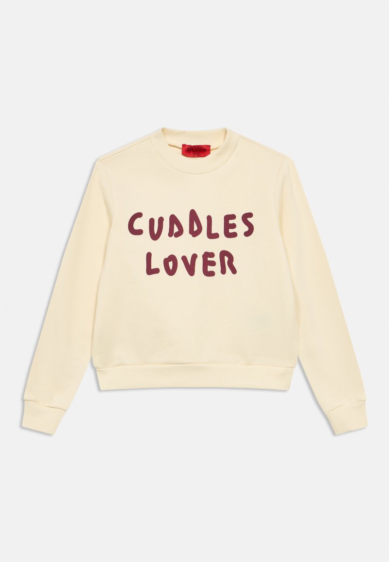Kreminės spalvos džemperis ilgomis rankovėmis su bordo spalvos užrašu „CUDDLES LOVER“ priekyje, turi gofruotą apykaklę, rankogalius ir apačią.