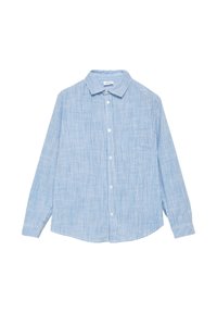 Blauw-wit gestreepte button-up shirt met lange mouwen, een kraag en een enkel borstzakje; de stof lijkt lichtgewicht en gestructureerd te zijn.